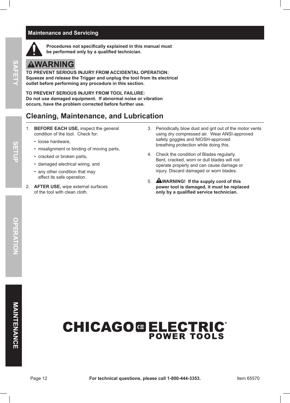 Cleaning, maintenance, and lubrication | Chicago Electric Power Tools / 6 AMP Reciprocating Saw With Rotating Handle 65570 User Manual | Page 12 / 16