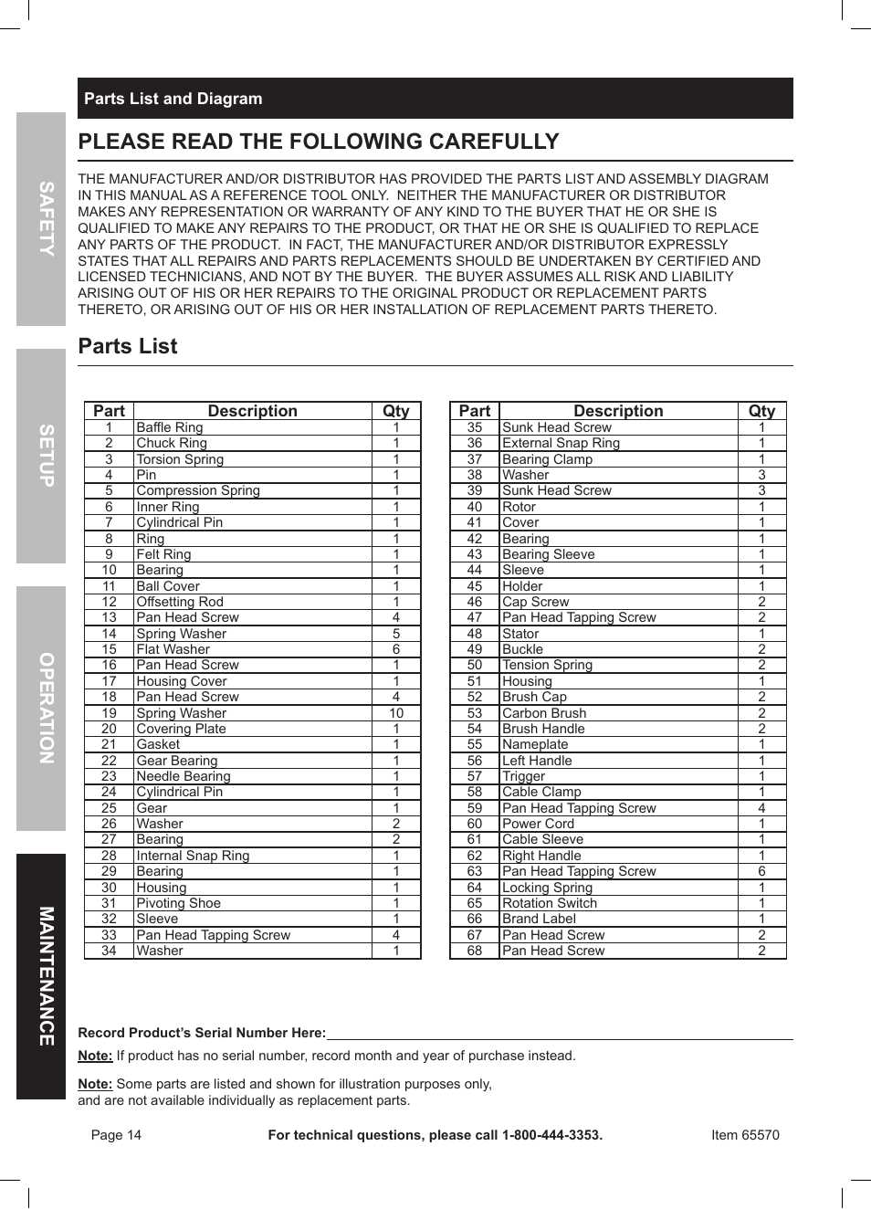 Please read the following carefully, Parts list | Chicago Electric Power Tools / 6 AMP Reciprocating Saw With Rotating Handle 65570 User Manual | Page 14 / 16