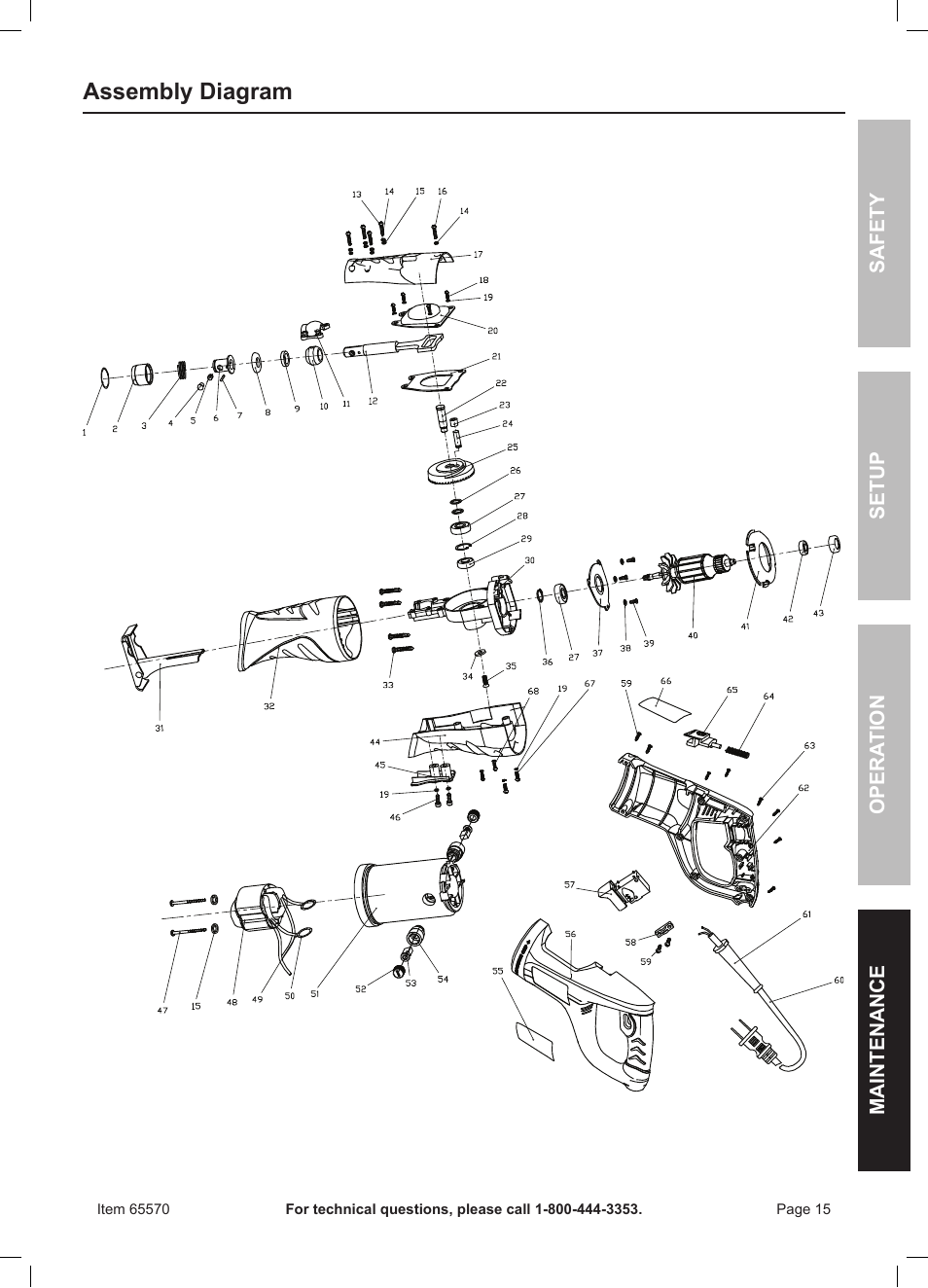 Assembly diagram | Chicago Electric Power Tools / 6 AMP Reciprocating Saw With Rotating Handle 65570 User Manual | Page 15 / 16