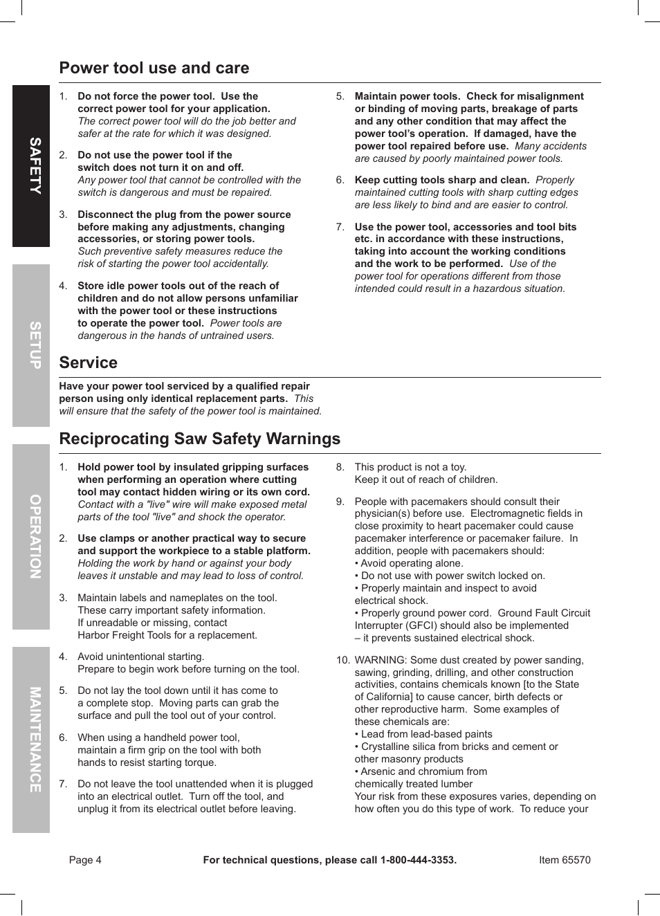 Power tool use and care, Service, Reciprocating saw safety warnings | Chicago Electric Power Tools / 6 AMP Reciprocating Saw With Rotating Handle 65570 User Manual | Page 4 / 16