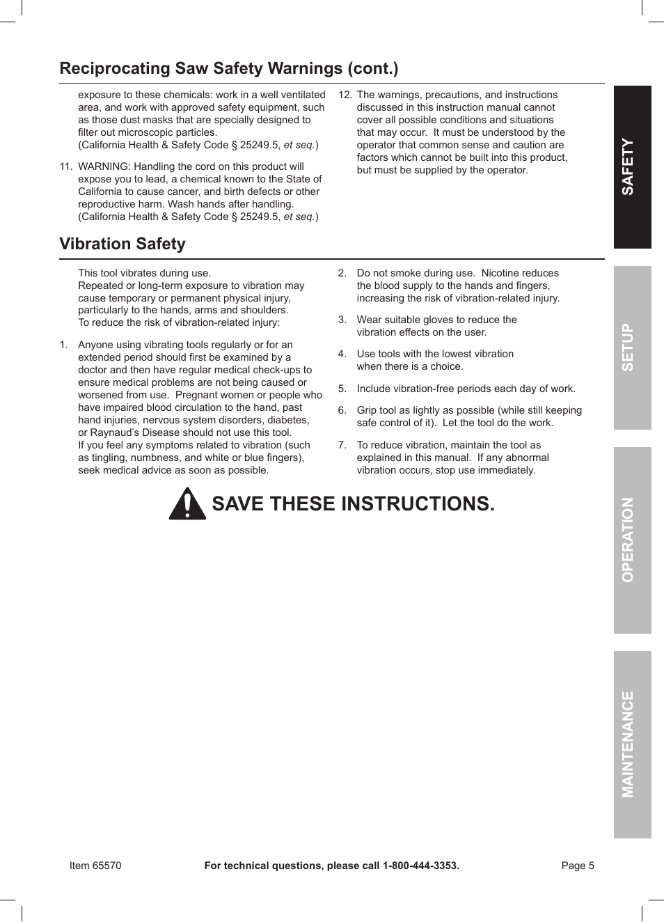 Save these instructions, Vibration safety, Reciprocating saw safety warnings (cont.) | Chicago Electric Power Tools / 6 AMP Reciprocating Saw With Rotating Handle 65570 User Manual | Page 5 / 16