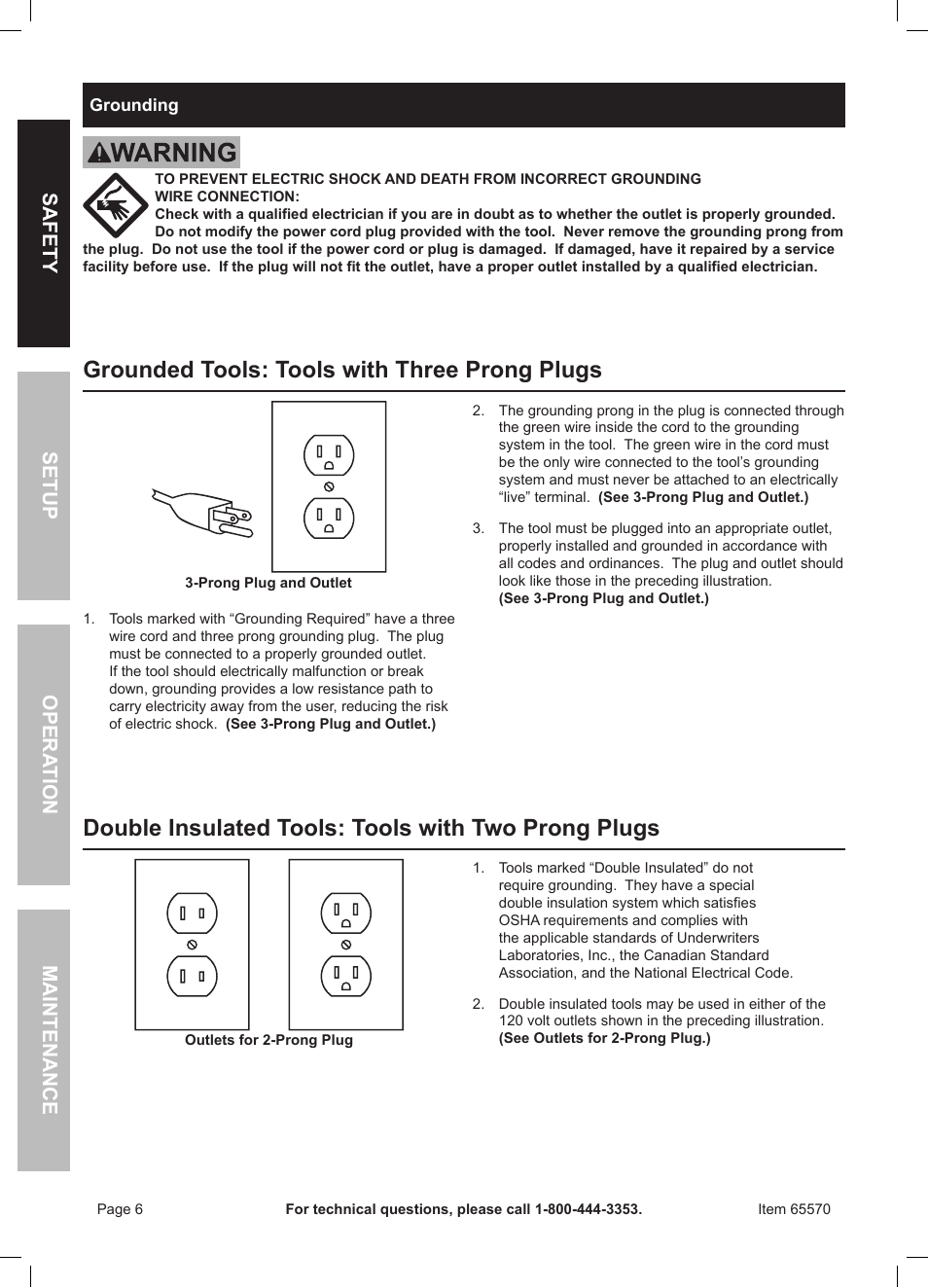 Grounded tools: tools with three prong plugs, Double insulated tools: tools with two prong plugs | Chicago Electric Power Tools / 6 AMP Reciprocating Saw With Rotating Handle 65570 User Manual | Page 6 / 16