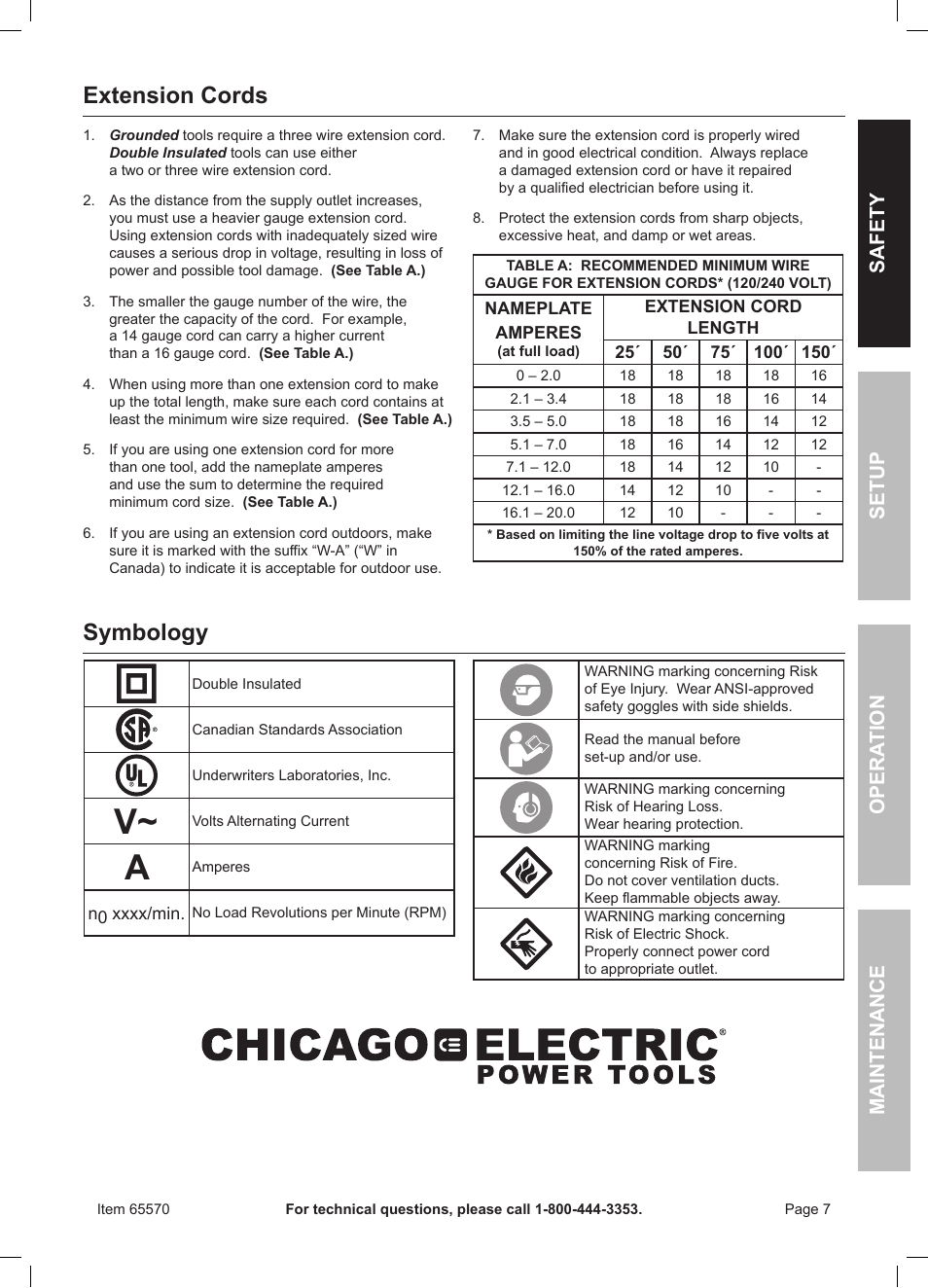 Extension cords, Symbology | Chicago Electric Power Tools / 6 AMP Reciprocating Saw With Rotating Handle 65570 User Manual | Page 7 / 16