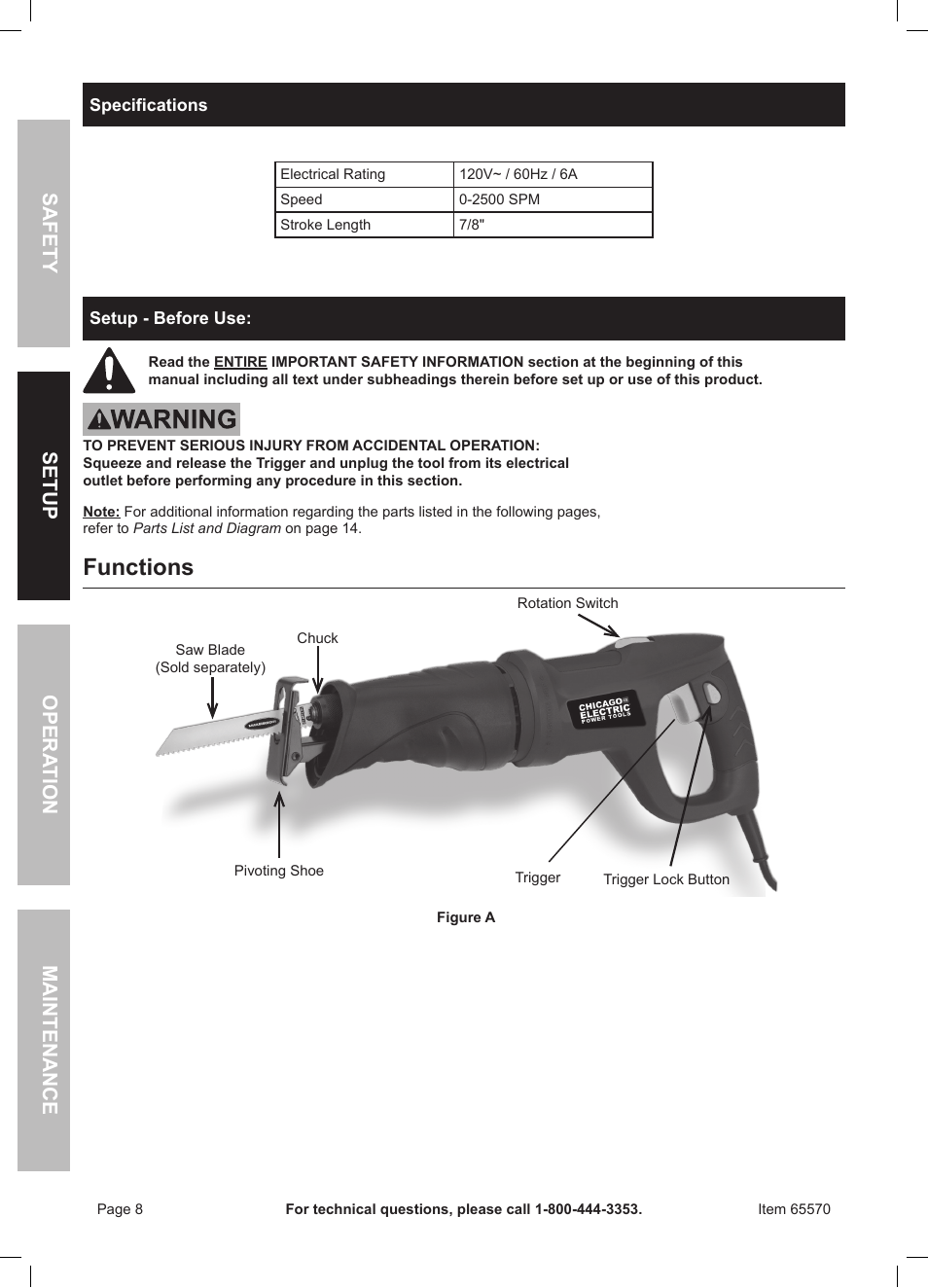 Functions | Chicago Electric Power Tools / 6 AMP Reciprocating Saw With Rotating Handle 65570 User Manual | Page 8 / 16