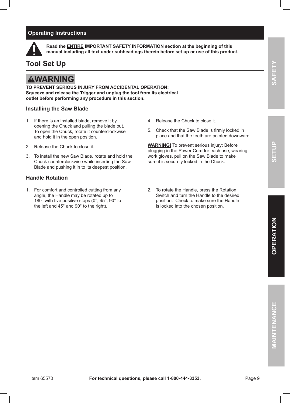 Tool set up | Chicago Electric Power Tools / 6 AMP Reciprocating Saw With Rotating Handle 65570 User Manual | Page 9 / 16