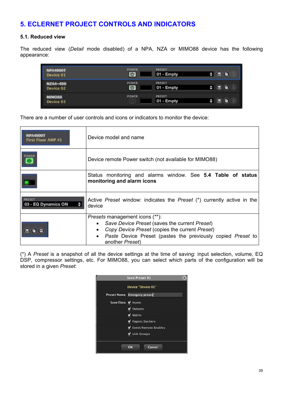 Eclernet project controls and indicators | Ecler ECLERNET MANAGER User Manual | Page 39 / 208