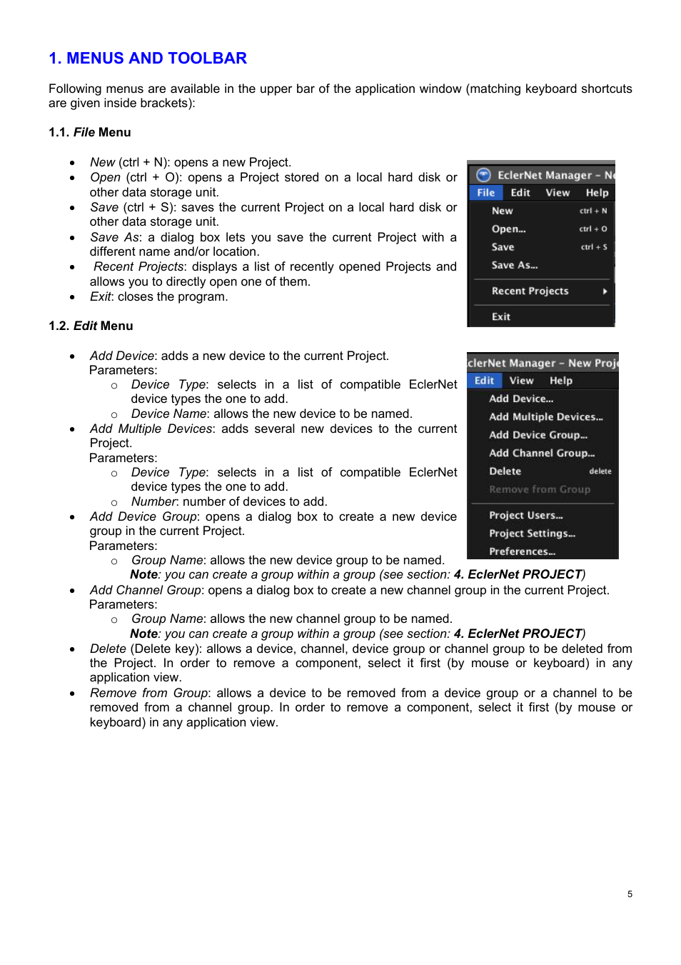 Menus and toolbar | Ecler ECLERNET MANAGER User Manual | Page 5 / 208