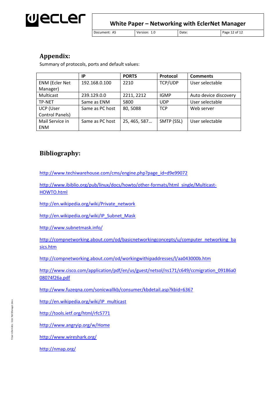 White paper – networking with eclernet manager, Appendix, Bibliography | Ecler White Paper - Networking with EclerNet Manager User Manual | Page 12 / 12