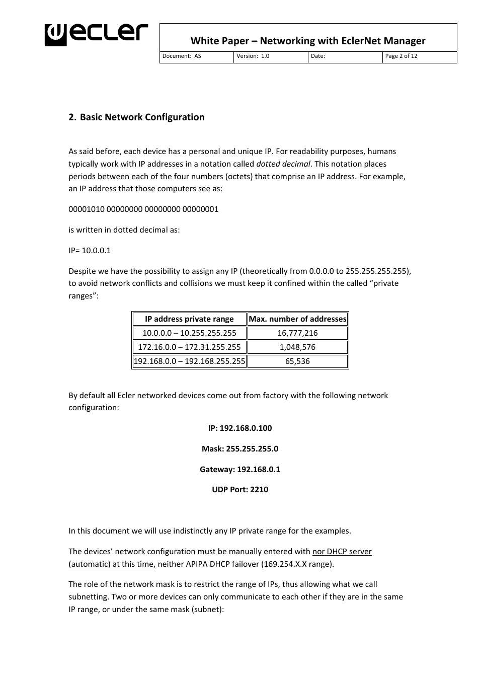 White paper – networking with eclernet manager | Ecler White Paper - Networking with EclerNet Manager User Manual | Page 2 / 12