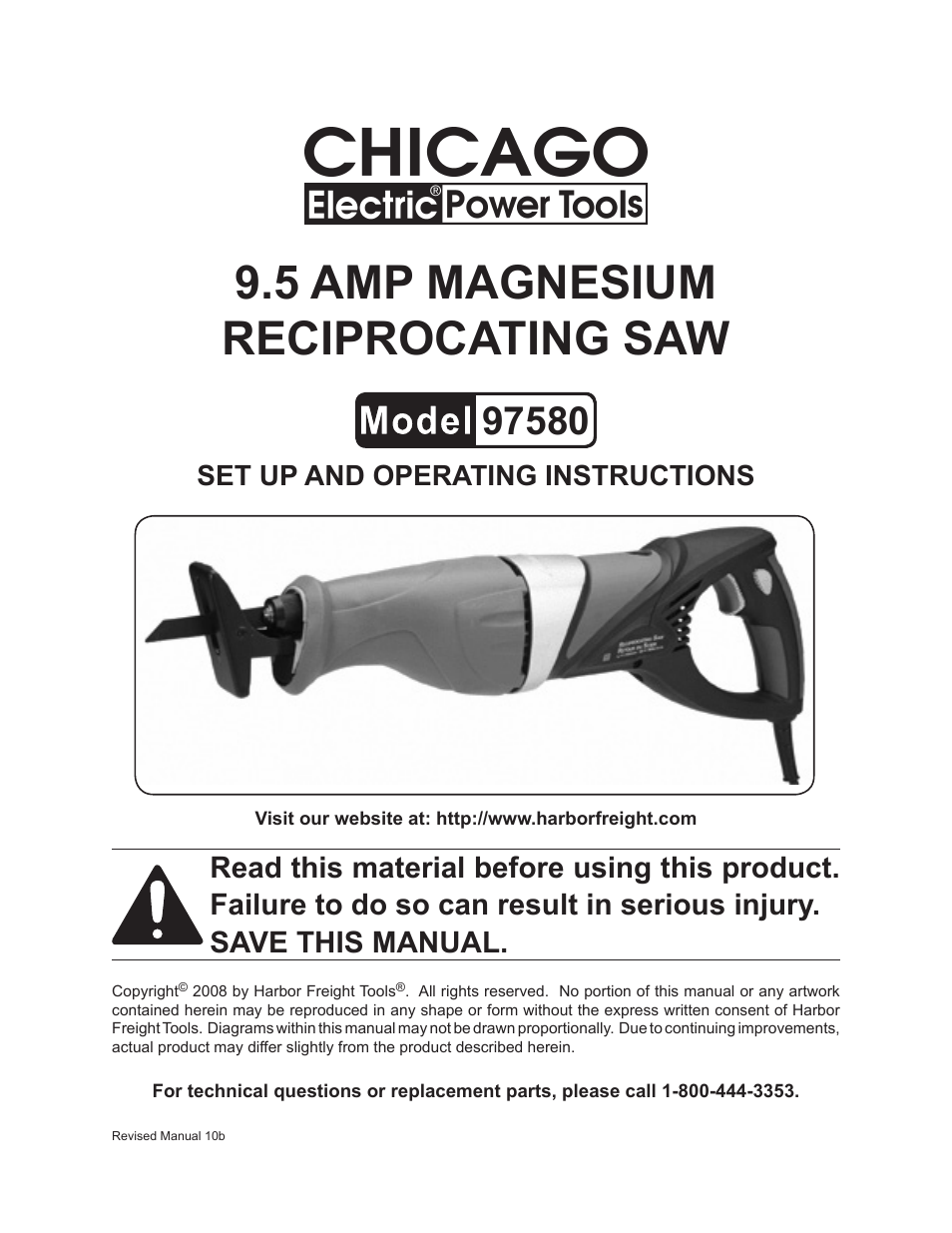 Chicago Electric CHICAGO 9.5 AMP MAGNESIUM RECIPROCATING SAW 97580 User Manual | 16 pages