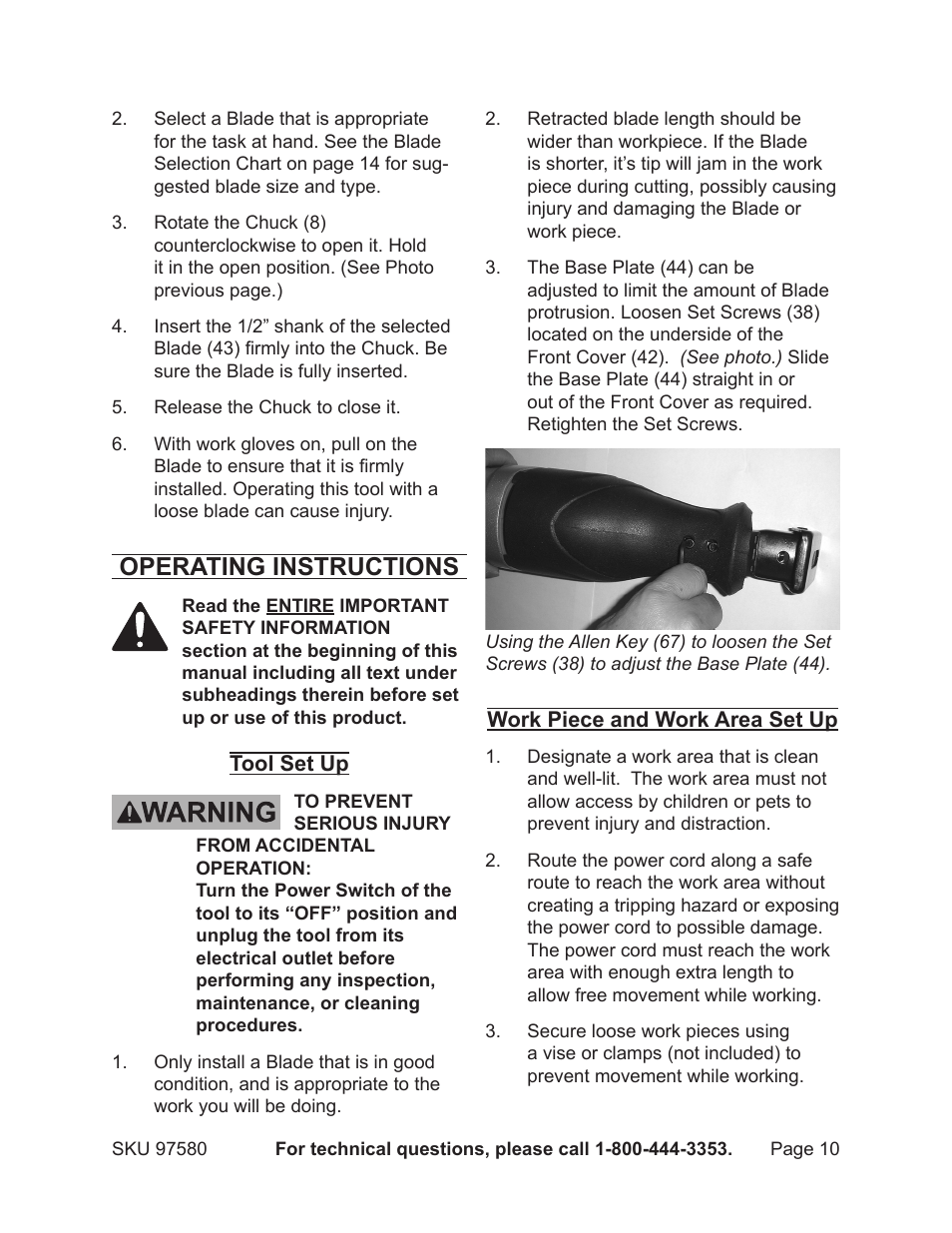 Operating instructions | Chicago Electric CHICAGO 9.5 AMP MAGNESIUM RECIPROCATING SAW 97580 User Manual | Page 10 / 16