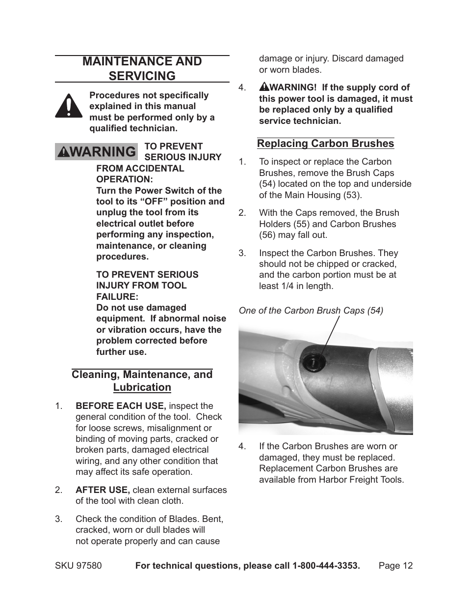 Maintenance and servicing | Chicago Electric CHICAGO 9.5 AMP MAGNESIUM RECIPROCATING SAW 97580 User Manual | Page 12 / 16