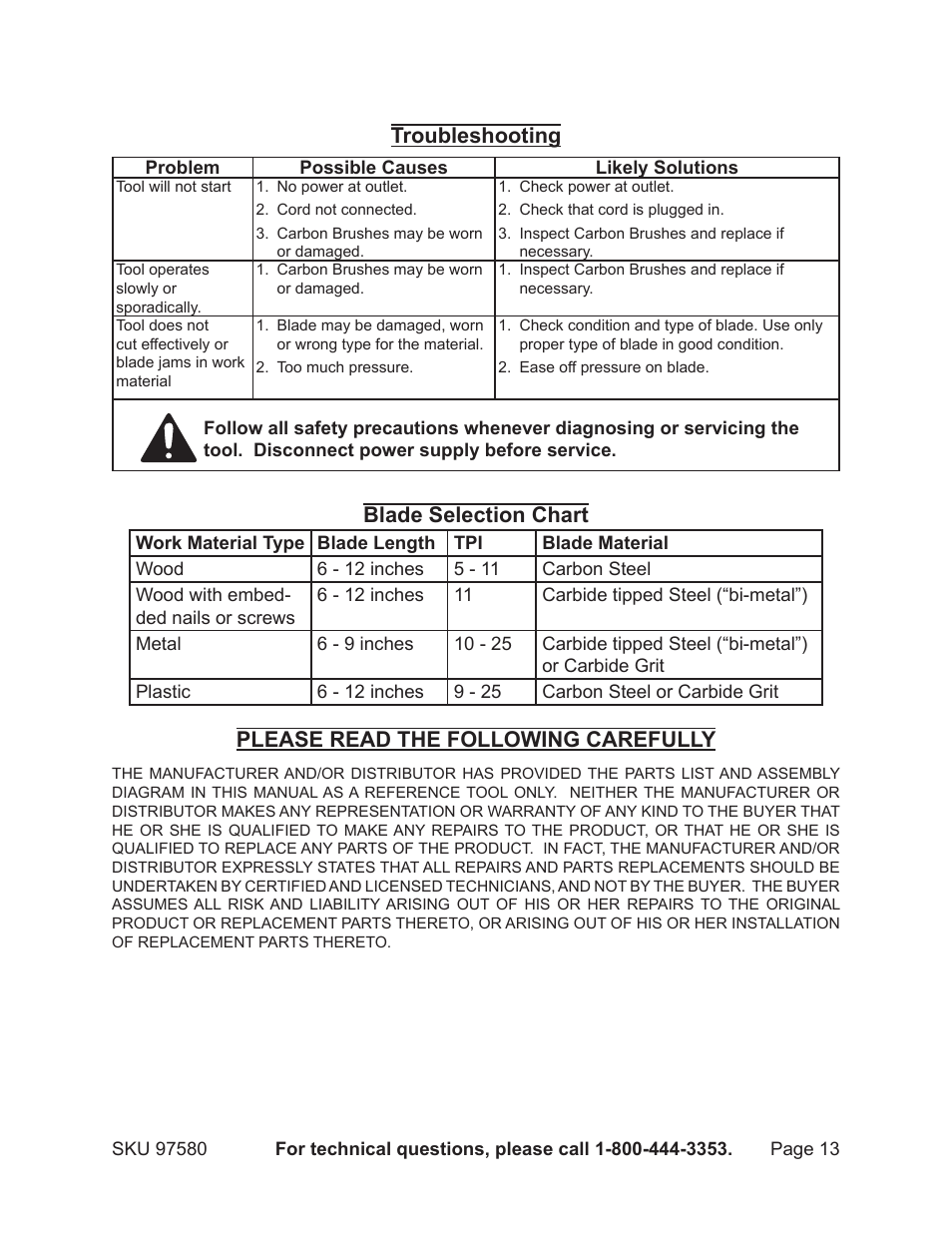 Troubleshooting, Blade selection chart, Please read the following carefully | Chicago Electric CHICAGO 9.5 AMP MAGNESIUM RECIPROCATING SAW 97580 User Manual | Page 13 / 16