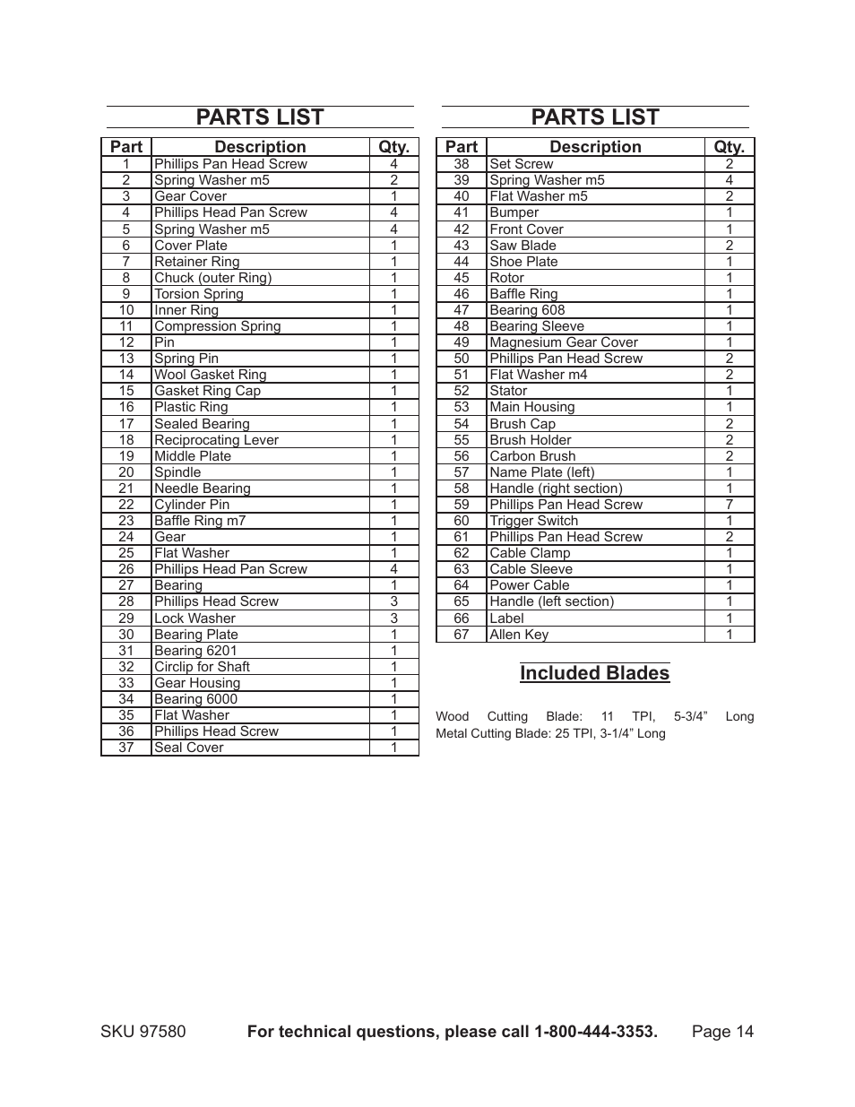 Parts list, Included blades | Chicago Electric CHICAGO 9.5 AMP MAGNESIUM RECIPROCATING SAW 97580 User Manual | Page 14 / 16