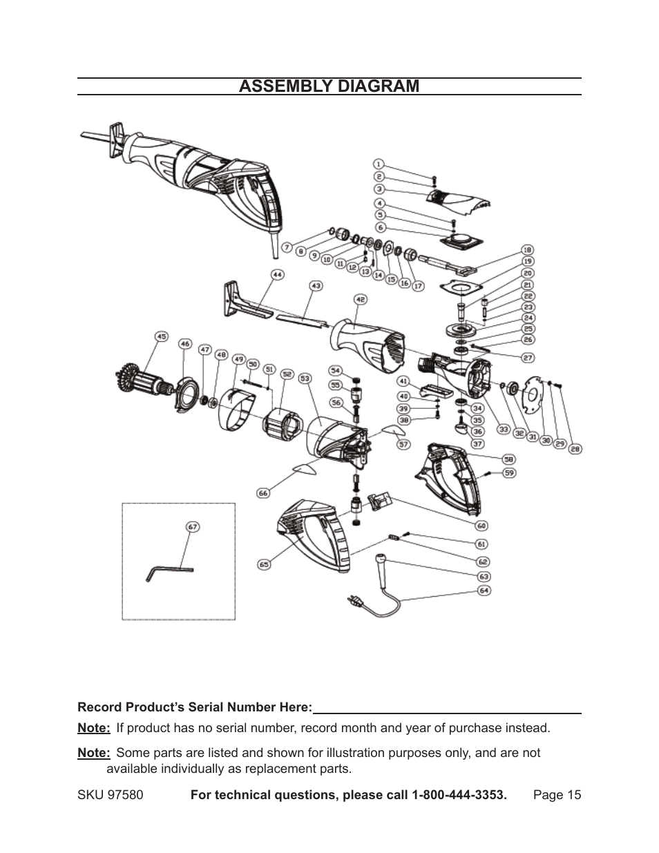 Assembly diagram | Chicago Electric CHICAGO 9.5 AMP MAGNESIUM RECIPROCATING SAW 97580 User Manual | Page 15 / 16