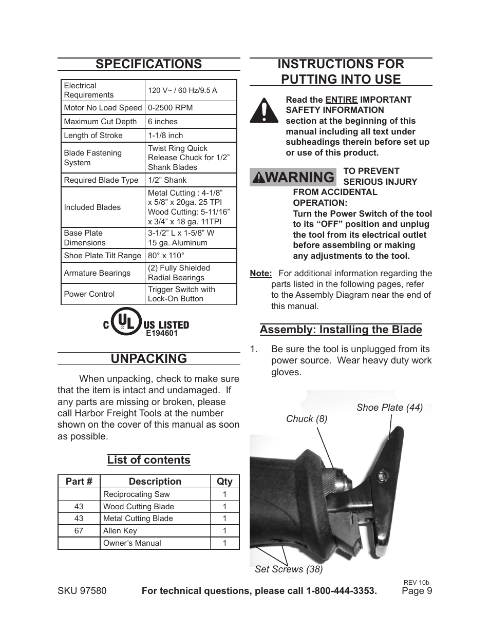 Specifications, Unpacking, Instructions for putting into use | List of contents, Assembly: installing the blade | Chicago Electric CHICAGO 9.5 AMP MAGNESIUM RECIPROCATING SAW 97580 User Manual | Page 9 / 16