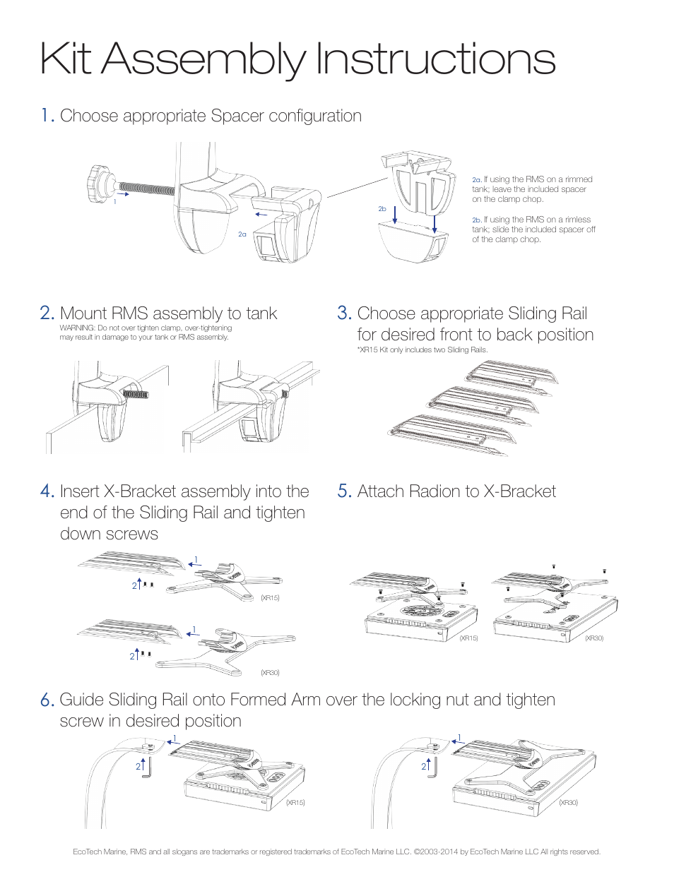 Kit assembly instructions, Choose appropriate spacer configuration, Mount rms assembly to tank | Attach radion to x-bracket | EcoTech Marine RMS Tank Mount User Manual | Page 2 / 2