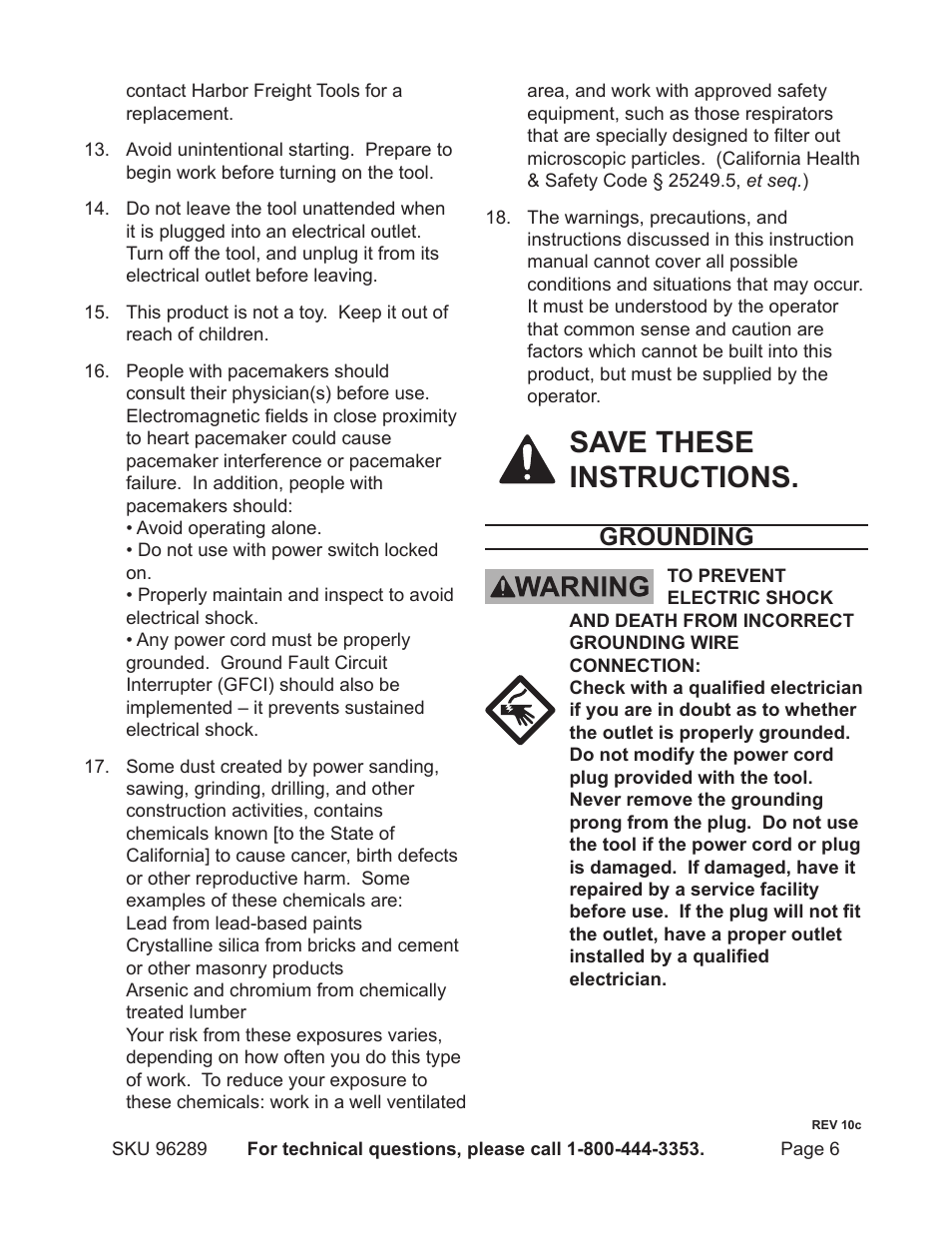 Save these instructions, Grounding | Harbor Freight Tools DRILL MASTER 96289 User Manual | Page 6 / 14