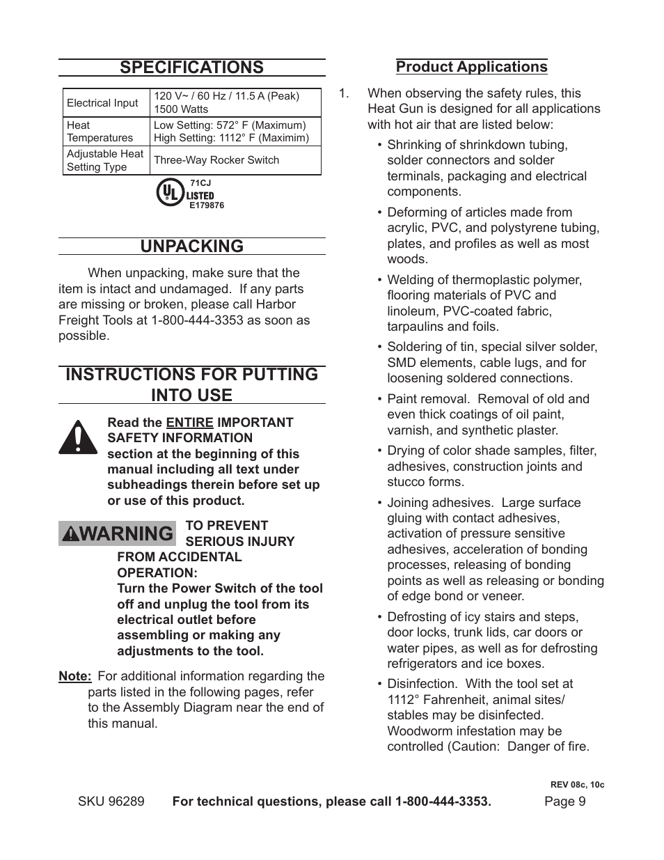 Specifications, Unpacking, Instructions for putting into use | Harbor Freight Tools DRILL MASTER 96289 User Manual | Page 9 / 14