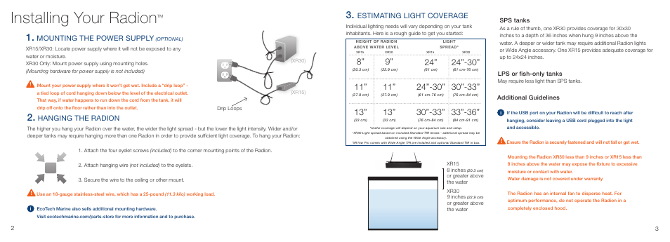 Installing your radion, Hanging the radion, Mounting the power supply | Estimating light coverage | EcoTech Marine XR15 Radion User Manual | Page 3 / 11