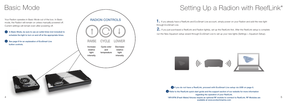 Basic mode, Setting up a radion with reeflink, Radion controls | EcoTech Marine XR15 Radion User Manual | Page 4 / 11