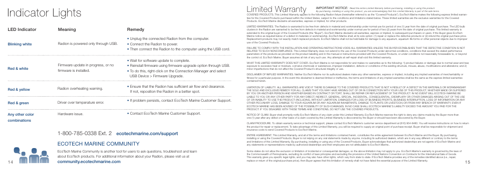 Indicator lights, Limited warranty, Ecotech marine community | EcoTech Marine XR15 Radion User Manual | Page 9 / 11