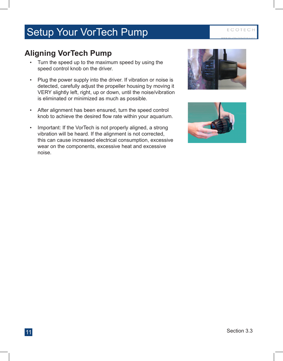 Setup your vortech pump, Aligning vortech pump | EcoTech Marine Full EcoSmart User Manual | Page 11 / 44