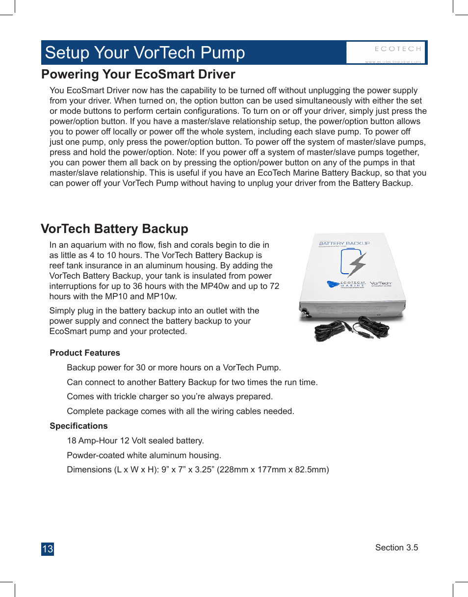 Setup your vortech pump, Powering your ecosmart driver, Vortech battery backup | EcoTech Marine Full EcoSmart User Manual | Page 13 / 44