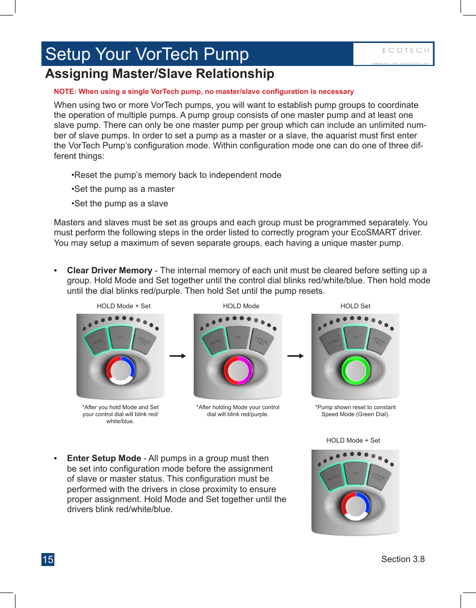 Setup your vortech pump, Assigning master/slave relationship | EcoTech Marine Full EcoSmart User Manual | Page 15 / 44