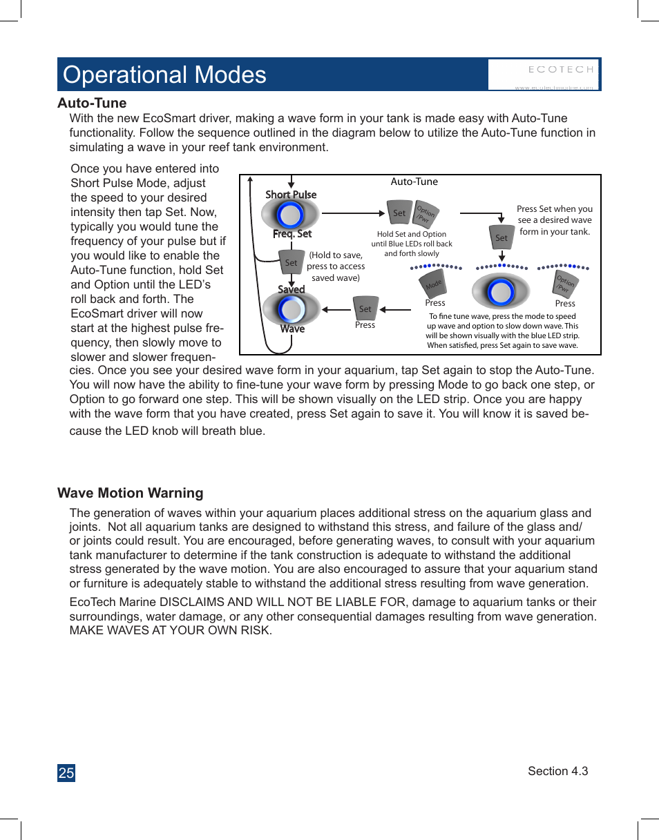 Operational modes, Wave motion warning, Auto-tune | EcoTech Marine Full EcoSmart User Manual | Page 25 / 44