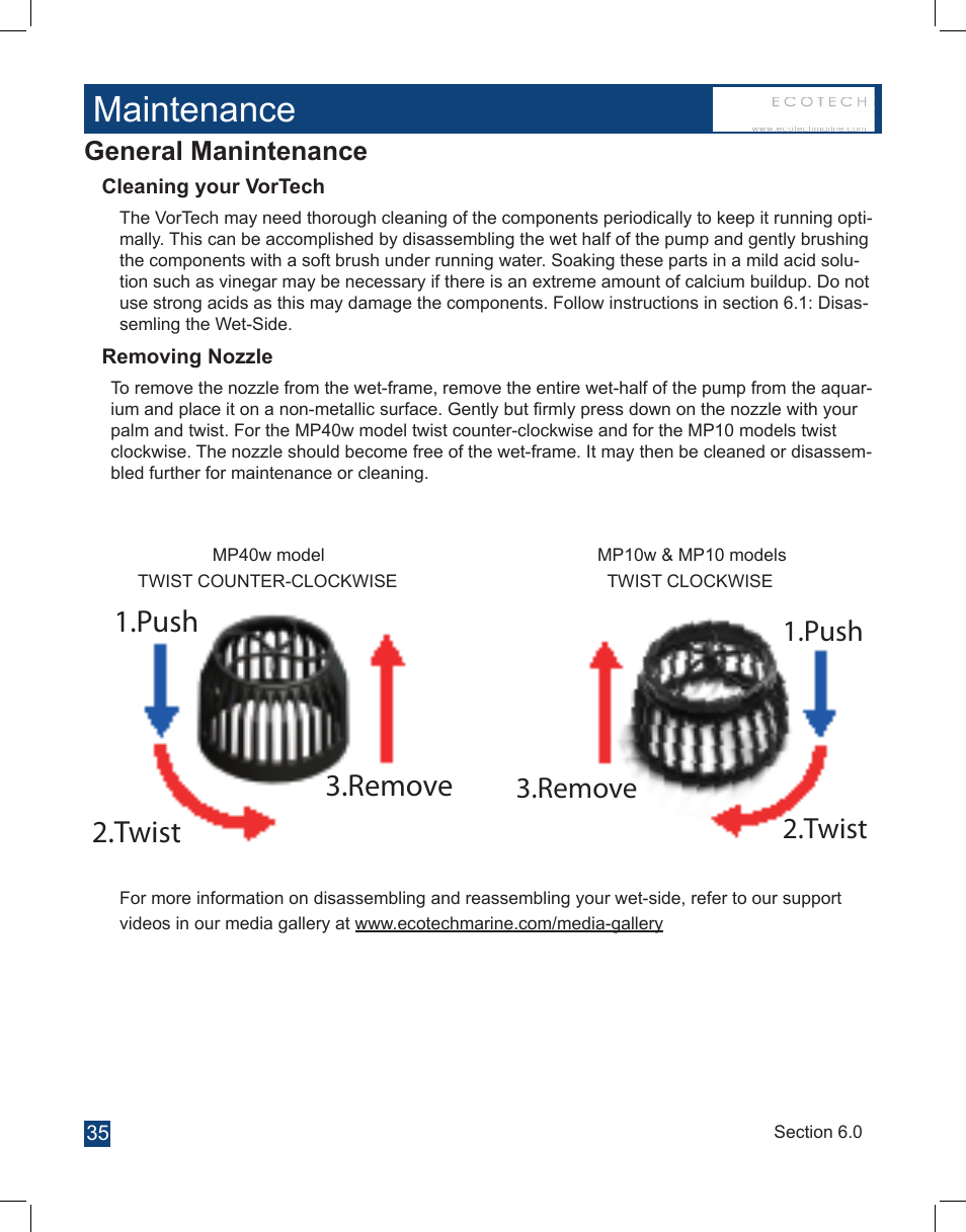 Maintenance, Push 2.twist 3.remove, General manintenance | EcoTech Marine Full EcoSmart User Manual | Page 35 / 44