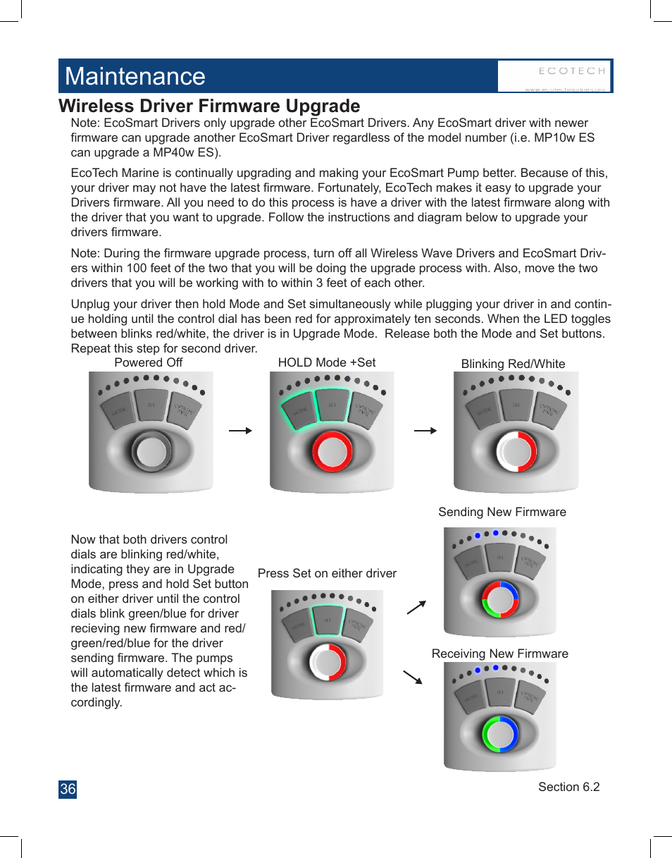 Maintenance, Wireless driver firmware upgrade | EcoTech Marine Full EcoSmart User Manual | Page 36 / 44