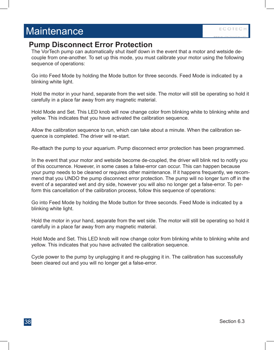 Maintenance, Pump disconnect error protection | EcoTech Marine Full EcoSmart User Manual | Page 38 / 44