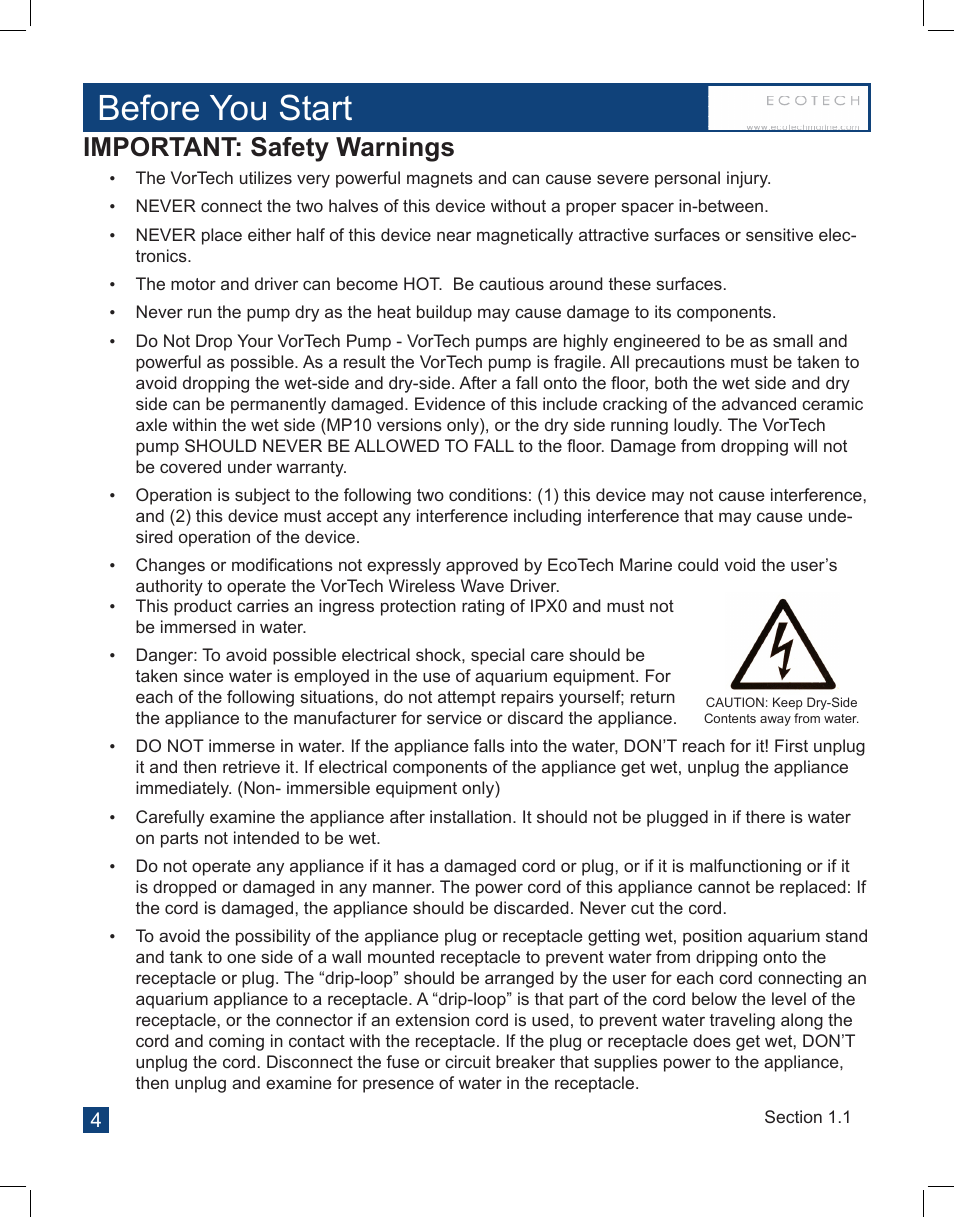 Before you start, Important: safety warnings | EcoTech Marine Full EcoSmart User Manual | Page 4 / 44