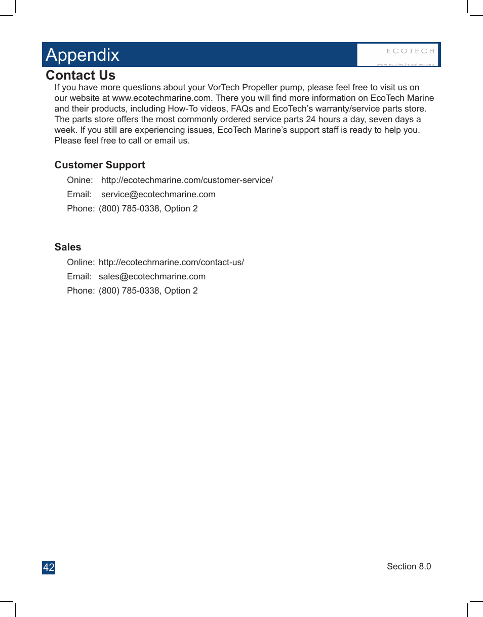 Appendix, Contact us | EcoTech Marine Full EcoSmart User Manual | Page 42 / 44