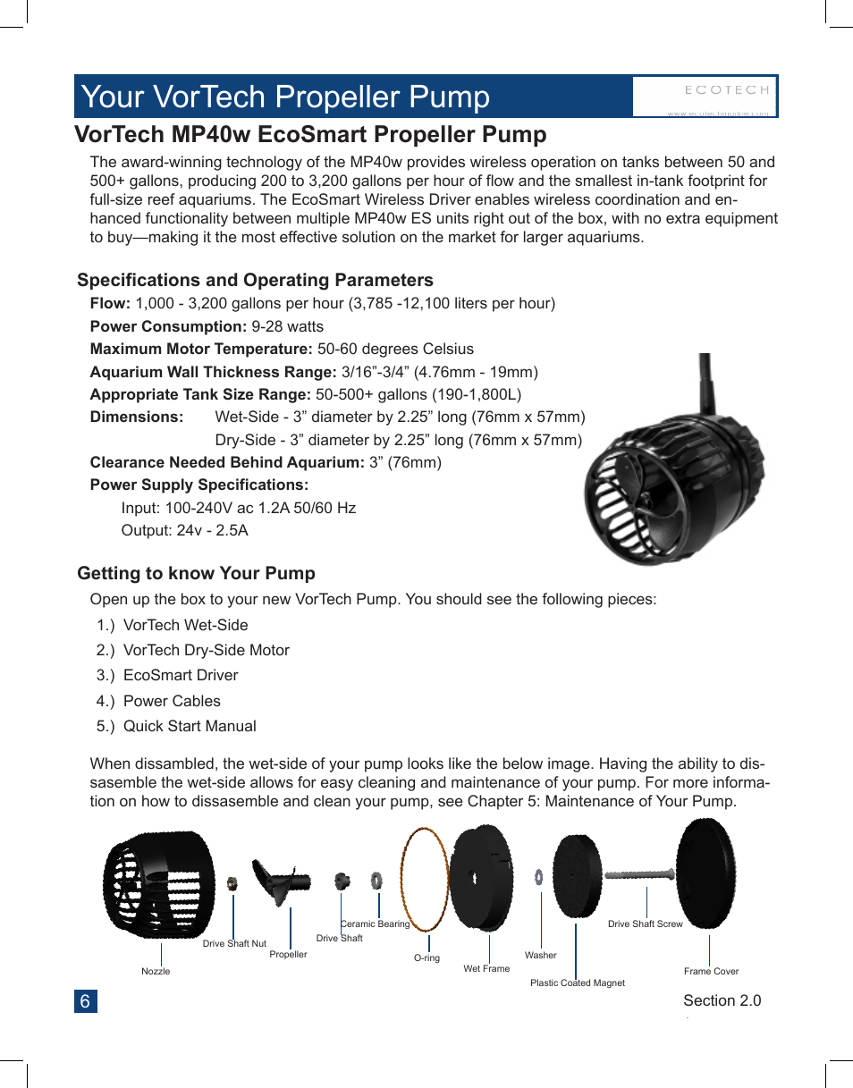 Your vortech propeller pump, Vortech mp40w ecosmart propeller pump, Specifications and operating parameters | Getting to know your pump | EcoTech Marine Full EcoSmart User Manual | Page 6 / 44