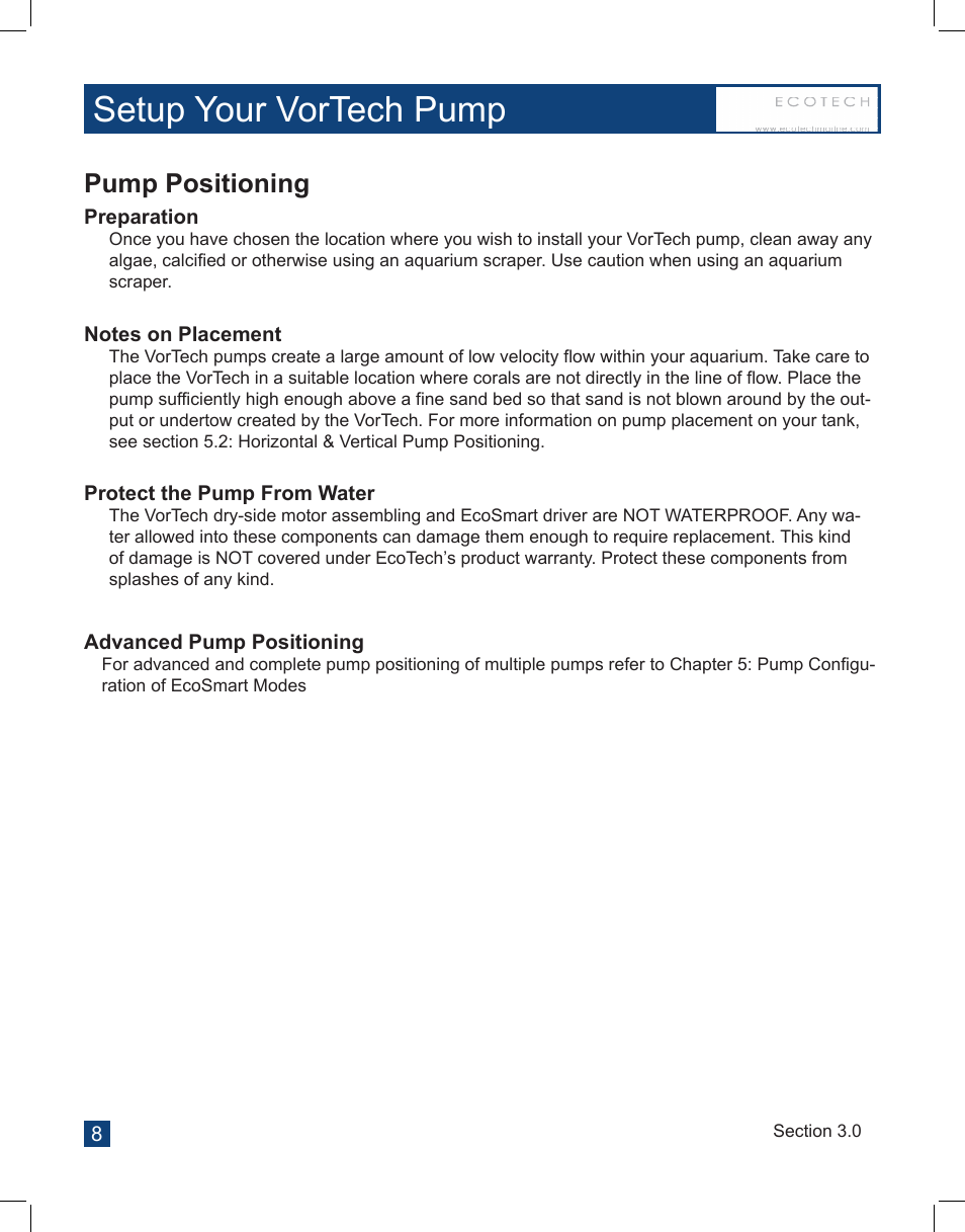 Setup your vortech pump, Pump positioning | EcoTech Marine Full EcoSmart User Manual | Page 8 / 44