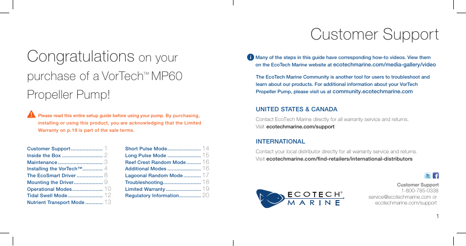 Customer support, On your purchase of a vortech, Mp60 propeller pump | EcoTech Marine MP60wES User Manual | Page 2 / 12