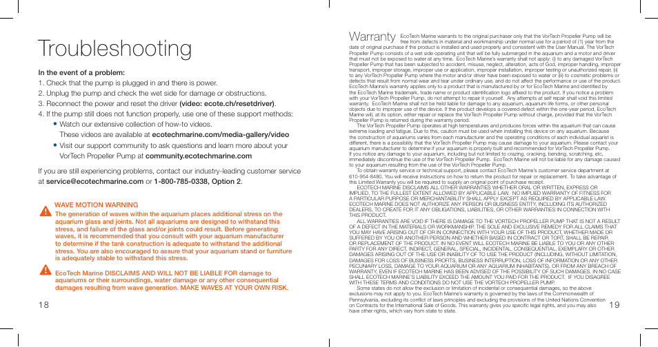 Troubleshooting, Warranty | EcoTech Marine MP40wES User Manual | Page 11 / 12