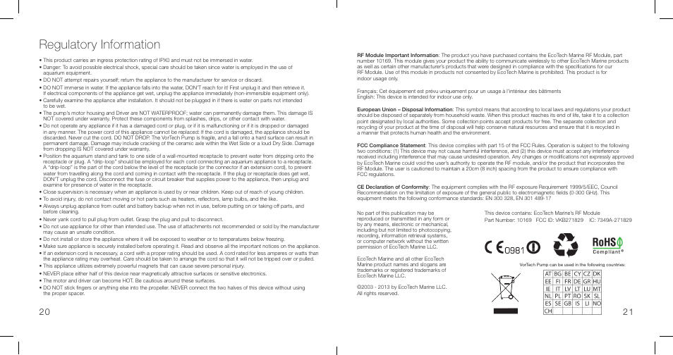 Regulatory information | EcoTech Marine MP40wES User Manual | Page 12 / 12