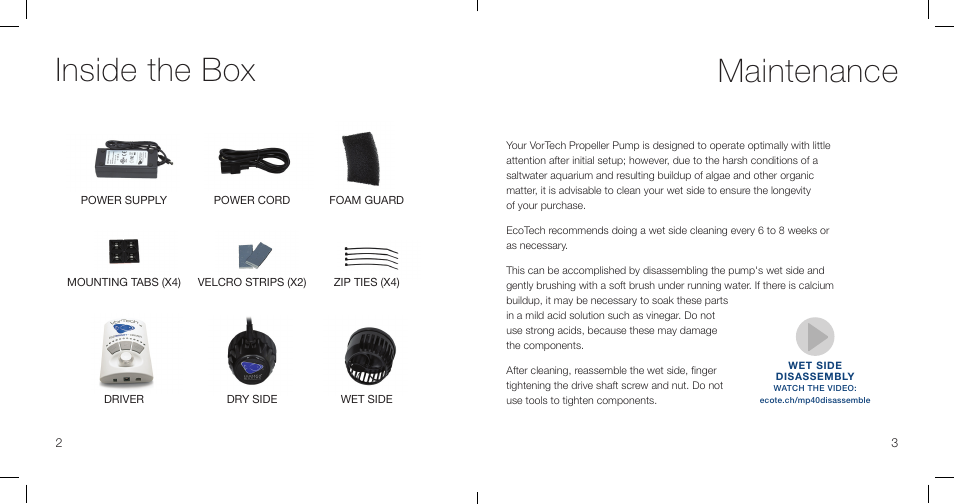 Inside the box, Maintenance | EcoTech Marine MP40wES User Manual | Page 3 / 12