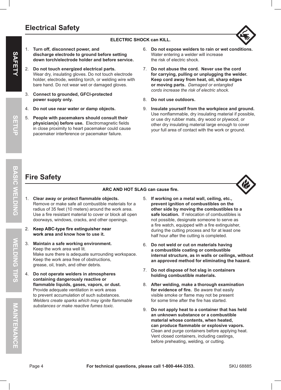 Electrical safety, Fire safety | Chicago Electric Wire Feed Welder MIG 170 User Manual | Page 4 / 32