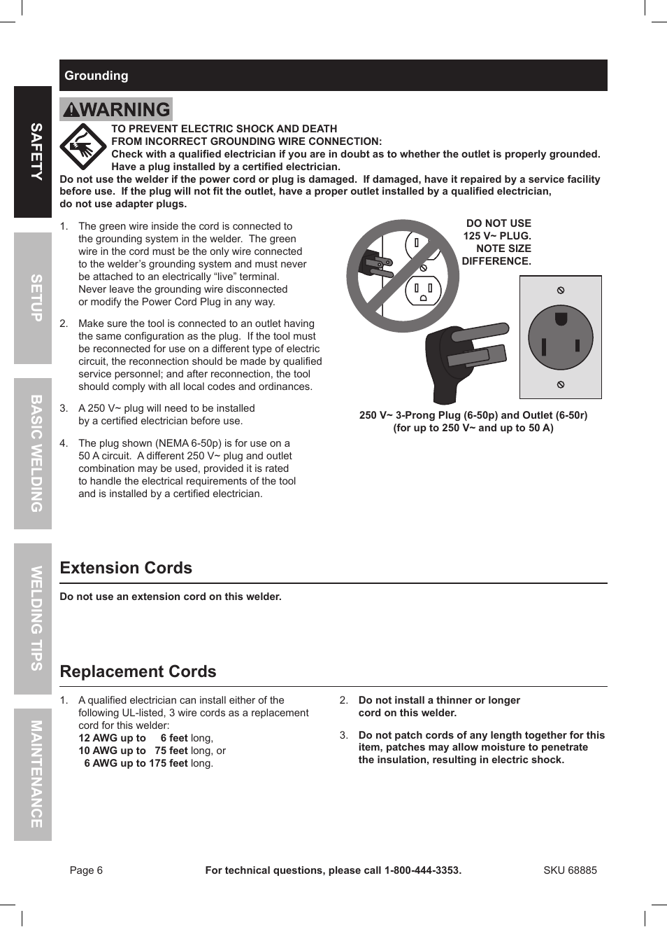 Extension cords, Replacement cords | Chicago Electric Wire Feed Welder MIG 170 User Manual | Page 6 / 32