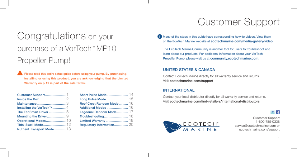 Customer support, On your purchase of a vortech, Mp10 propeller pump | EcoTech Marine MP10wES User Manual | Page 2 / 12