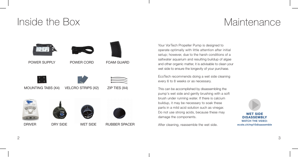 Inside the box, Maintenance | EcoTech Marine MP10wES User Manual | Page 3 / 12