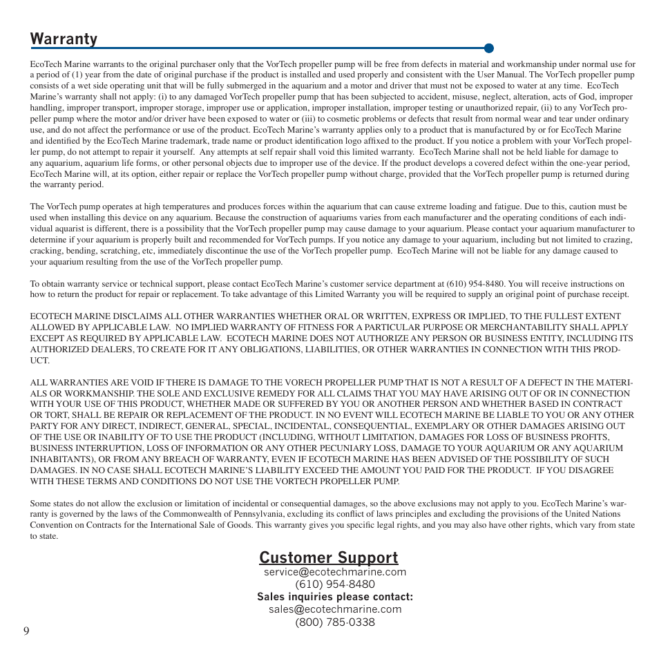 Warranty customer support | EcoTech Marine Gen 2 MP40 User Manual | Page 9 / 10