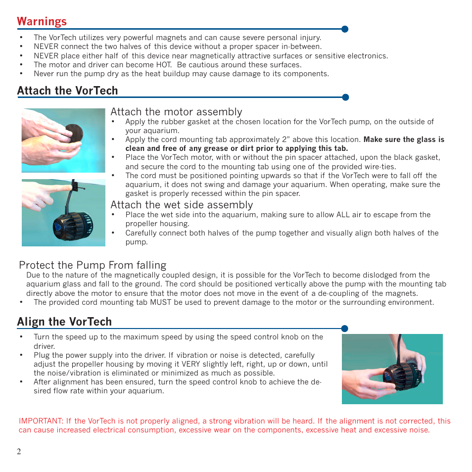 Warnings attach the vortech, Align the vortech | EcoTech Marine MP20 User Manual | Page 2 / 8