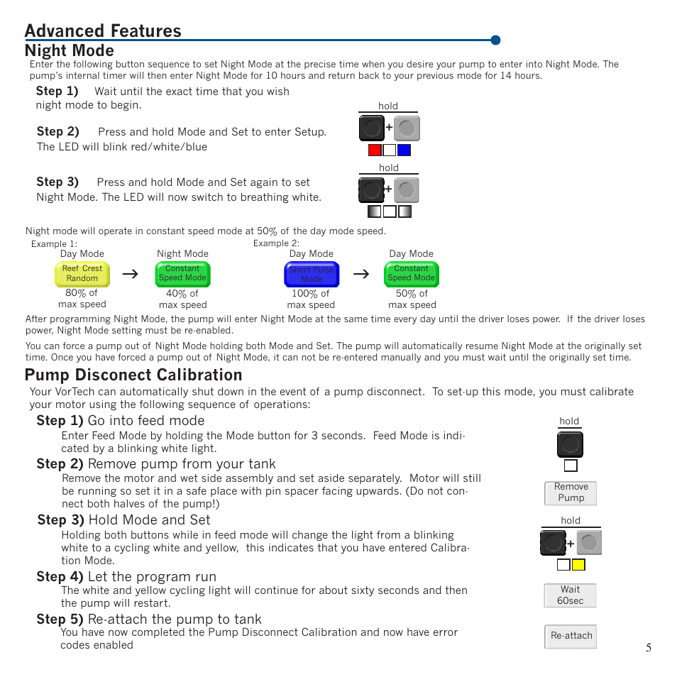 Advanced features, Pump disconect calibration night mode | EcoTech Marine MP20 User Manual | Page 5 / 8