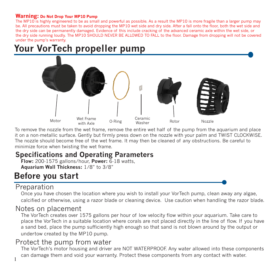 Your vortech propeller pump, Before you start, Specifications and operating parameters | Preparation, Protect the pump from water | EcoTech Marine MP10 User Manual | Page 2 / 10