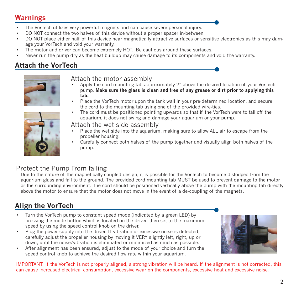 Warnings attach the vortech, Align the vortech, Attach the motor assembly | Attach the wet side assembly, Protect the pump from falling | EcoTech Marine MP10 User Manual | Page 3 / 10